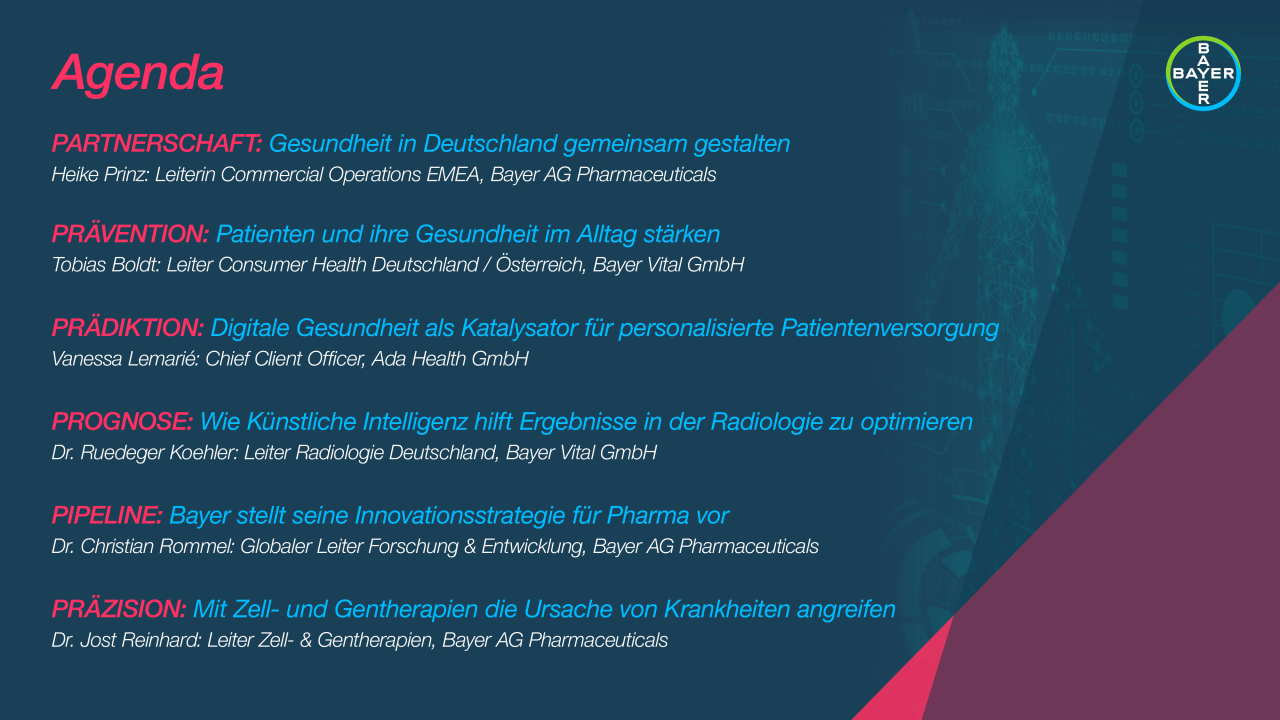 Agenda-Folie mit Themen zu Innovationen im Gesundheitswesen, digitaler Gesundheit, KI in der Radiologie und Gentherapie von Bayer AG Pharmaceuticals.