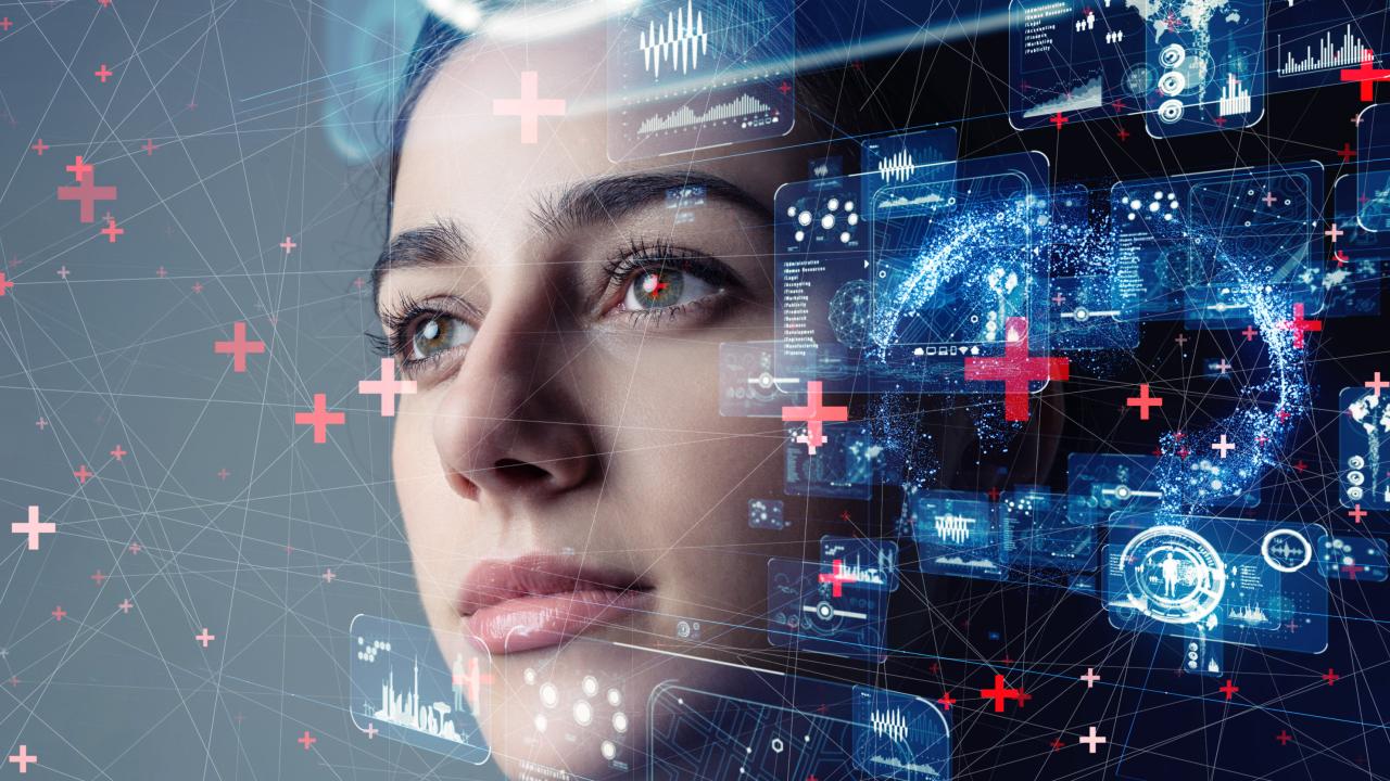 Frau umgeben von virtuellen Elementen