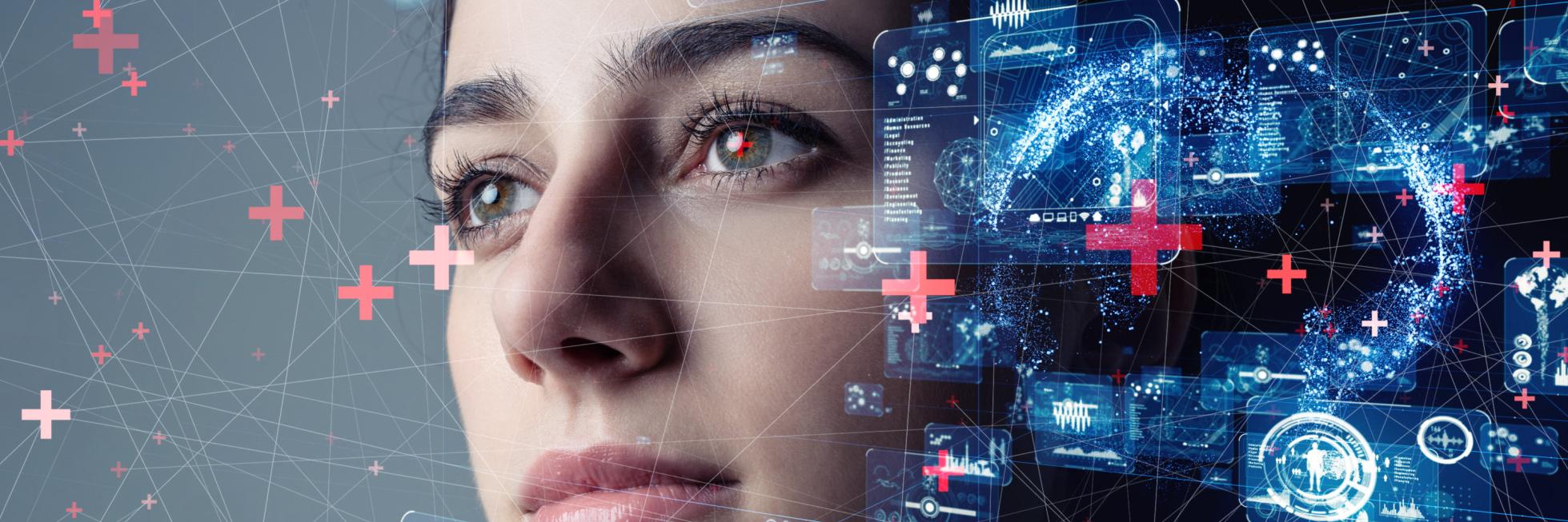 Frau umgeben von virtuellen Elementen